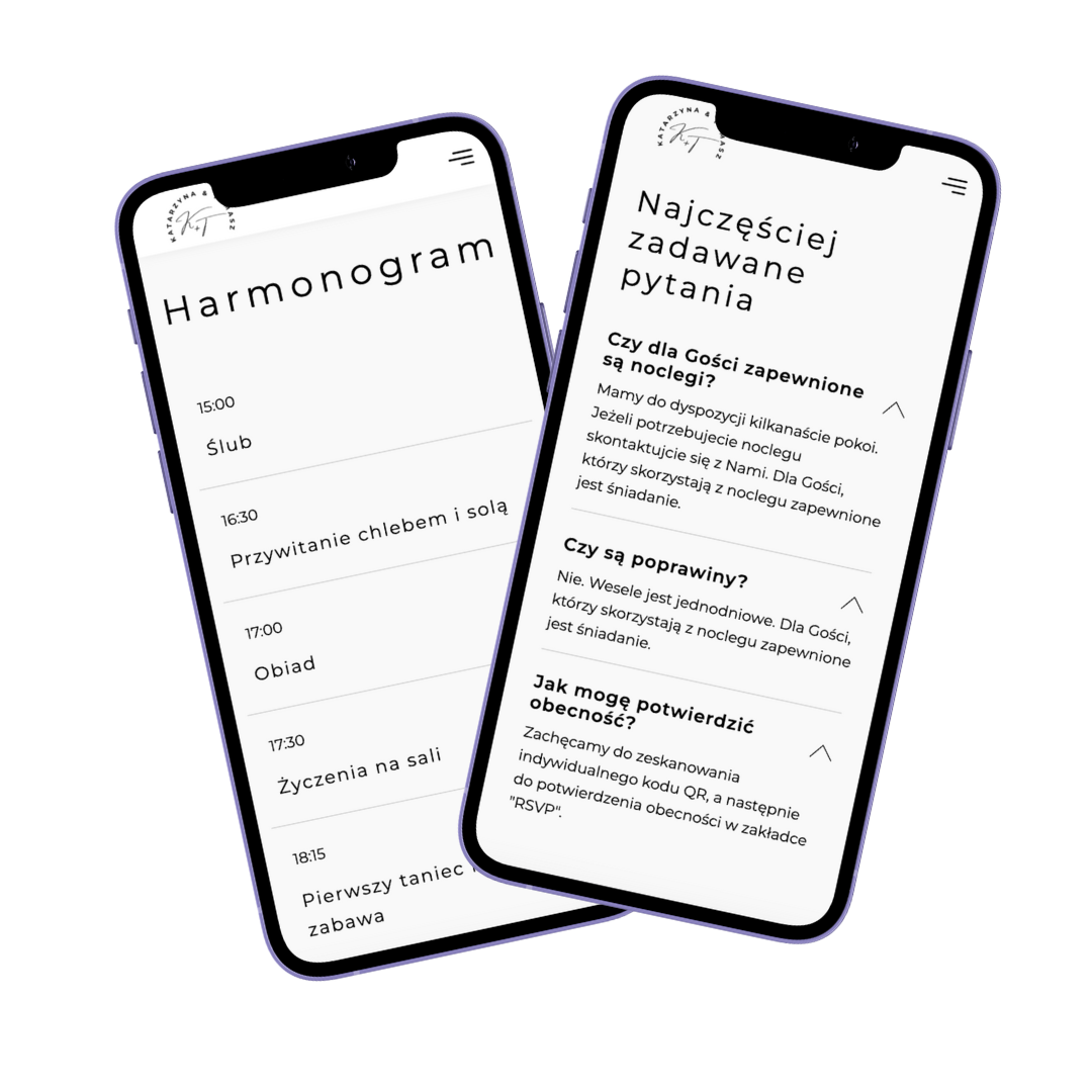 dwa telefony prezentujące harmonogram oraz najczęściej zadawane pytania