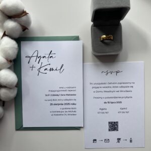 Zaproszenie ślubne z rewersem RSVP, terminem potwierdzenia i kodem QR