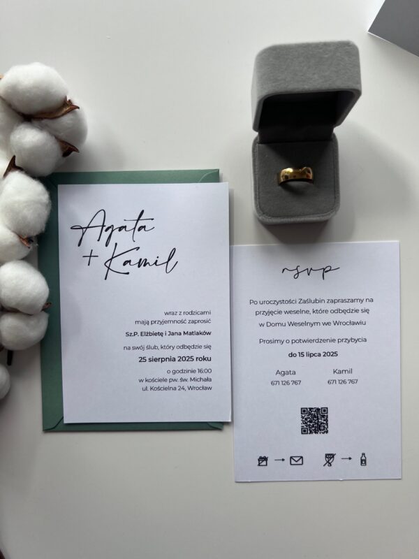 Zaproszenie ślubne z rewersem RSVP, terminem potwierdzenia i kodem QR